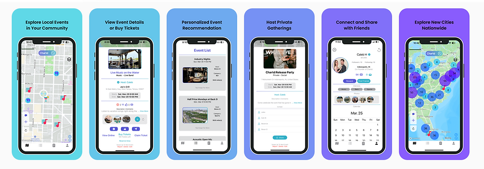 Chartd app screens showing the event map, in-app ticket purchase, and live photo sharing