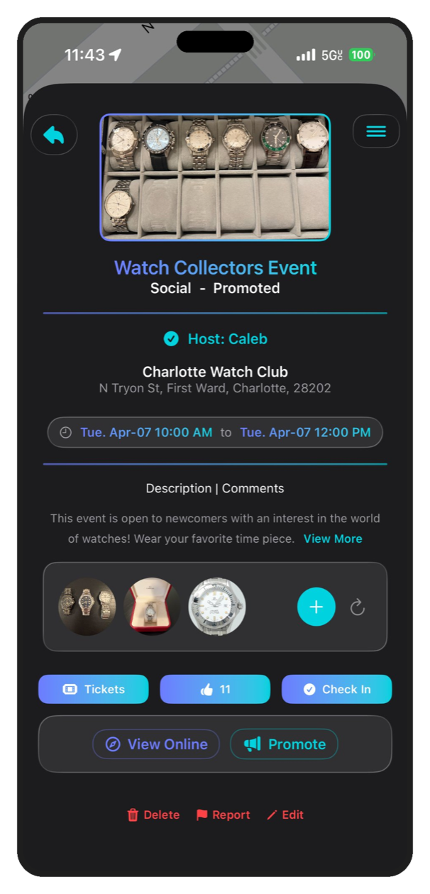 Chartd event page with event details, photos, and a Tickets button
