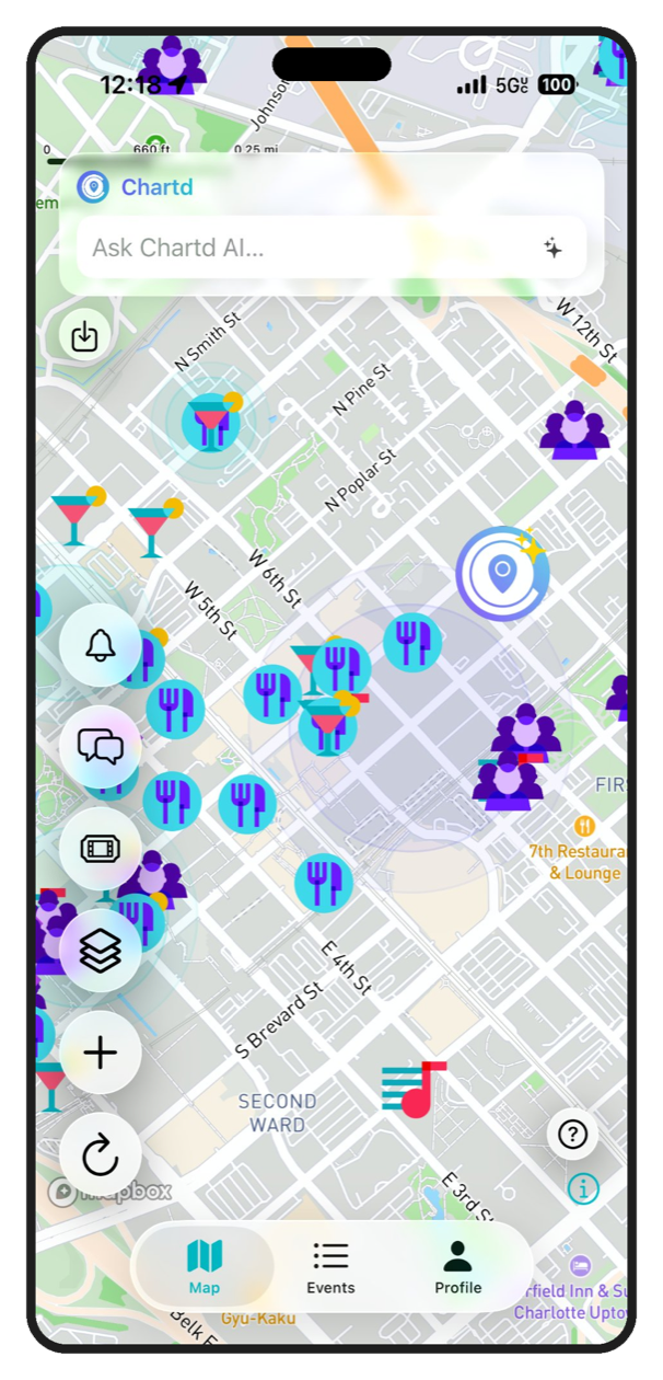 Chartd map screen with nearby events pinned around the user's location