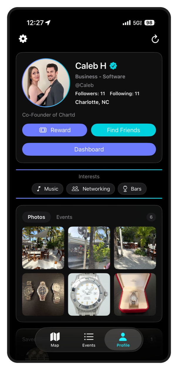 Chartd profile screen with interests and shared event photos
